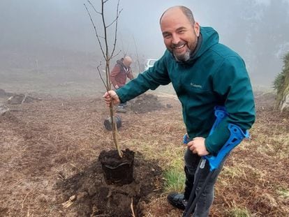 Joaquín, 'Kin', Martínez plantando el árbol en recuerdo a su padre en el Monte Xiabre (Pontevedra).