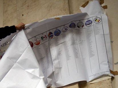 Trabajadores remueven listas electorales de un colegio electoral en Roma (Italia).