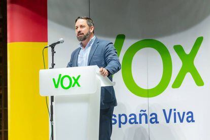 El presidente de Vox, Santiago Abascal, en la Asamblea General del partido.