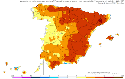 Evolución del mapa de anomalía de la temperatura máxima prevista de este lunes al próximo domingo.