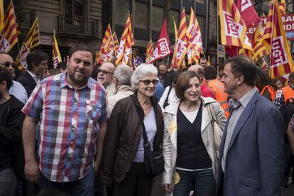 Oriol Junqueras, Muriel Casals, Carme Forcadell i Alfred Bosch a la manifestació del Primer de Maig.