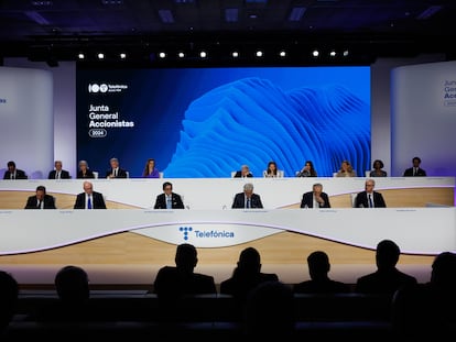 Junta accionista de Telefónica en la sede de la compañía en Madrid, este viernes.