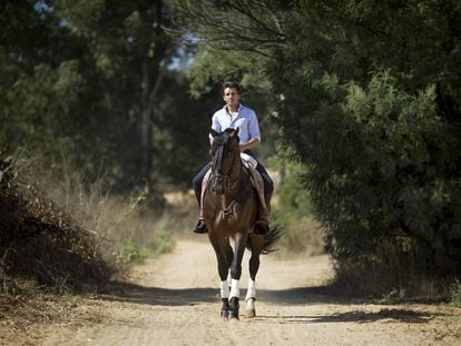 Diego Ventura monta a Nazarí, el caballo estrella de su cuadra, en su finca de La Puebla del Río.