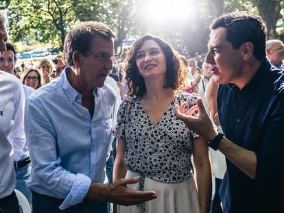 El Presiente del PP Partido Popular, Alberto Nuñez Feijóo inaugura el curso político en Cerdedo-Cotobade (Pontevedra), en el acto también intervendrá el presidente del PP gallego, Alfonso Rueda; que es arropado por los presidentes de otras comunidades autónomas, Isabel Diaz Ayuso, Mañueco, Lopez Miras y Juanma Moreno, junto al expresidente del Gobierno, M. Rajoy.