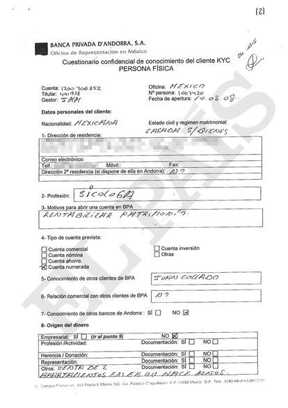 Documento know your client (conozca a su cliente, en inglés) que rellenó en la Banca Privada d'Andorra (BPA) para abrir su cuenta Sylvia Sánchez, esposa del expresidente del PRI Manlio Fabio Beltrones.