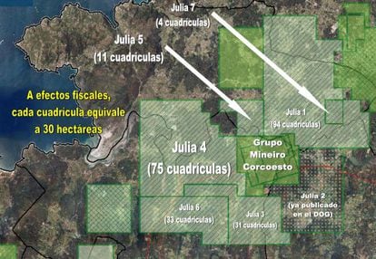 Plano difundido ayer por Salvemos Cabana que recoge los datos del mapa oficial del censo catastral minero.