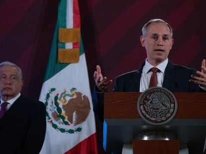 Hugo López-Gatell durante la conferencia matutina en Palacio Nacional.