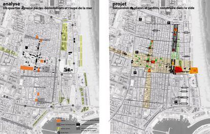 Plano del barrio con el análisis del estado actual (izquierda) y el proyecto planteado (derecha).