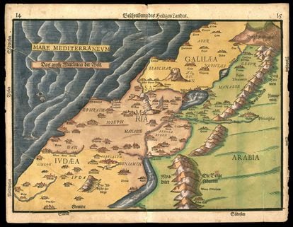 Este mapa de 1585 muestra la Tierra Santa durante la vida de Jesús. El mapa apareció en Itinerarium Sacrae Scripturae, de Heinrich Bünting (1545-1606)