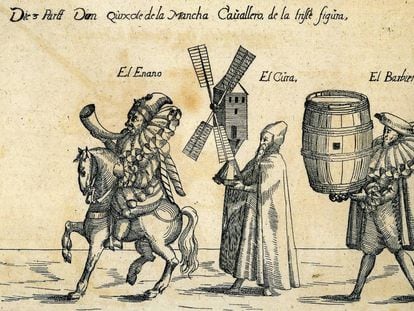 Primera imagen conocida de Don Quijote, Sancho Panza y otros personajes de la novela, de Andreas Bretschneider.