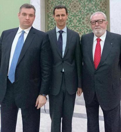 El diputado ruso Leonid Slutsky, Bachar el Asad y Pedro Agamunt, en marzo, en una foto subida al Facebook de Slutsky.