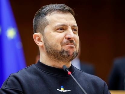 El presidente de Ucrania, Volodímir Zelenski, este jueves en el Parlamento Europeo.