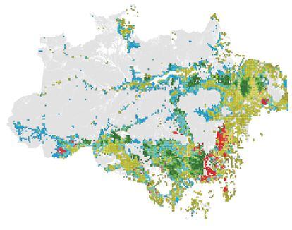 Área degradada de la selva amazónica. Cada color se corresponde con un factor degradante. El verde, para la tala, el rojo para los incendios, el azul para el efecto límite y los amarillentos para la fragmentación forestal. El tono indica la intensidad de la perturbación.