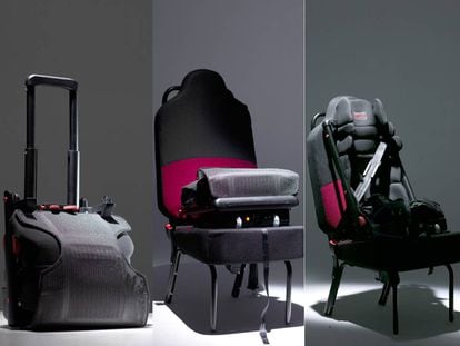 Textia ha desarrollado una primera versión portátil de su silla, que se puede llevar en forma de equipaje de mano y, llegado el momento, desplegarse para su instalación en el asiento del coche.