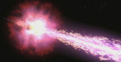 Iustración de un chorro de materia a casi la velocidad de la luz originado en el colapso de una estrella que genera un estallido de rayos gamma.