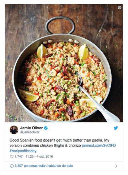El polémico tuit del chef inglés Jamie Oliver que levantó ampollas entre los ortodoxos de la paella.