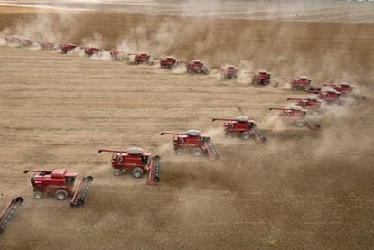 Una fila de cosechadoras recogen soja en Granja Fartura, en Campo Verde (Brasil).