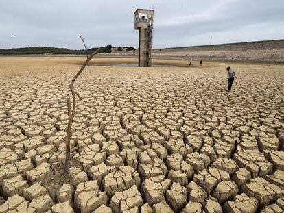 Vista del suelo seco y agrietado en la presa de Chiba debido al aumento de las temperaturas y la falta de lluvia, en Nabeul, Túnez, el 1 de abril 2023.