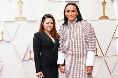 Director Pawo Choyning Dorji and his wife Stephanie Lai at the Oscars in Hollywood on March 27 this year.