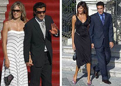 Figo y Raúl, acompañados de sus esposas, saludan al público antes de comenzar la ceremonia.