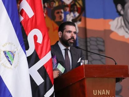 Laureano Ortega Murillo durante su lección inaugural en la Universidad Nacional Autónoma de Nicaragua, en Managua, el pasado 26 de abril.