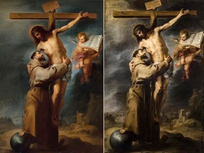 A la izquierda, el cuadro que iba a subastar Christie's en Nueva York. A la derecha, el original, 'San Francisco abrazando a Cristo en la cruz', de Bartolomé Esteban Murillo.