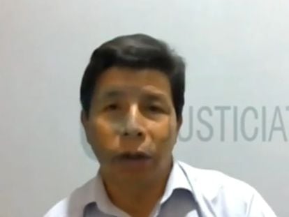 El expresidente Pedro Castillo en una captura de pantalla de su aparición en la audiencia virtual de este martes.