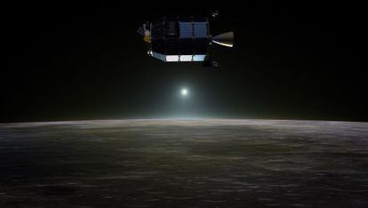 Ilustración de la nave automática `LADEE´, en órbita baja sobre la superficie de la Luna y en trayectoria de impacto allí.