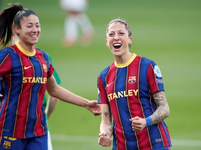 Jennifer Hermoso celebra, en 2021, un gol junto a Pereira con el Barcelona.