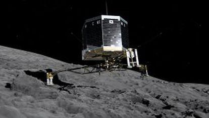 Ilustración del módulo de descenso Philae (de la misión espacial Rosetta), en la superficie del cometa 67P/Churyumov-Gerasimenko.