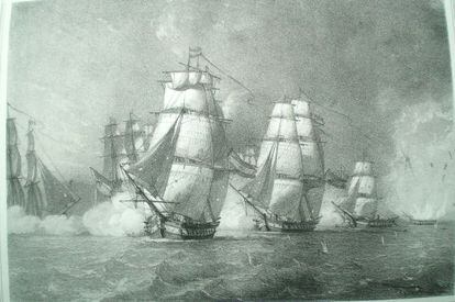 Grabado que muestra el hundimiento de la fragata La Mercedes durante la batalla del cabo de Santa Mar&iacute;a, en 1804