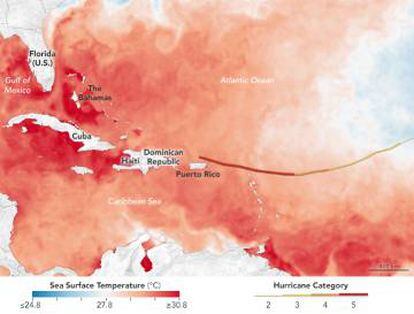 Temperatura de la superficie del agua del mar que Irma tiene en su trayectoria