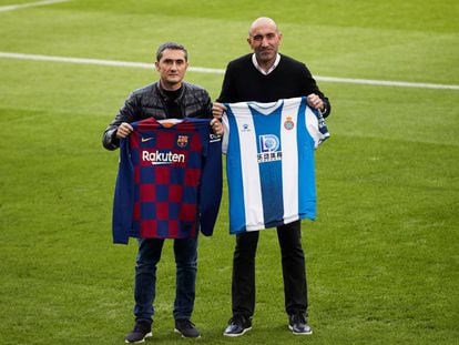 Ernesto Valverde y Abelardo, entrenadores del Barcelona y Espanyol. 
