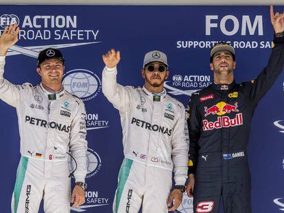 Rosberg, Hamilton y Ricciardo, tras la clasificación.