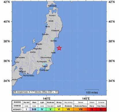Fotografía cedida por el Servicio Geológico de los Estados Unidos que muestra el mapa donde se presentó un terremoto de 7,3 grados, en Japón.
