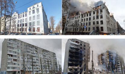 La facultad de Económicas de la Universidad de Karmazin, en Járkov, y un edificio residencial de Borondianka antes y después de los ataques rusos.