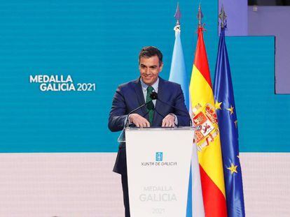 El Presidente del Gobierno, Pedro Sánchez, durante la ceremonia de entrega de la Medalla de Galicia.