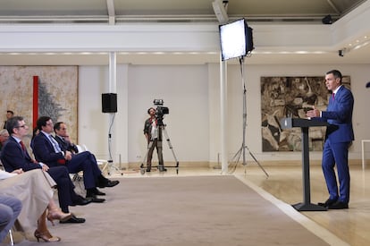 Sánchez, durante su comparecencia este miércoles en La Moncloa.