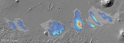 This map shows the estimated amount of ice within the Lucus Plunum, Eumenides Dorsum and Amazonis Mensa-Gordii Dorsum deposits, in the Medusae Fossae Formation.  Some are up to 3,000 meters thick at some point.