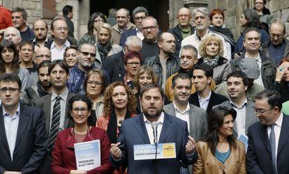 El candidato de ERC, Oriol Junqueras, durante la presentación del programa electoral en Barcelona.