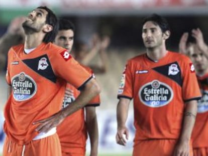 Bruno Gama, Lassad, Juan Dom&iacute;nguez y Diego Colotto se lamentan tras el partido ante el Xerez.