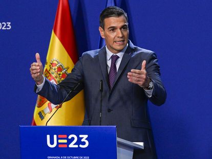 Pedro Sánchez, el 6 de octubre durante la rueda de prensa ofrecida tras la cumbre europea de Granada.