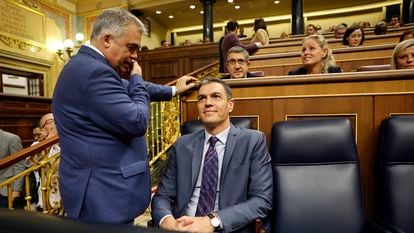Santos Cerdán y Pedro Sánchez, antes de la votación que ha aprobado el uso de las lenguas cooficiales en el Congreso, este jueves.