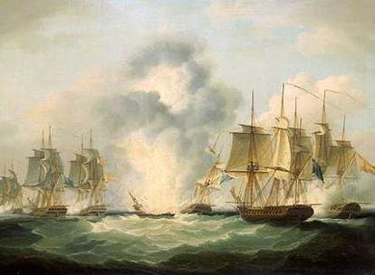 Óleo de Francis Sartorius sobre la explosión del buque <i>La Mercedes</i>.