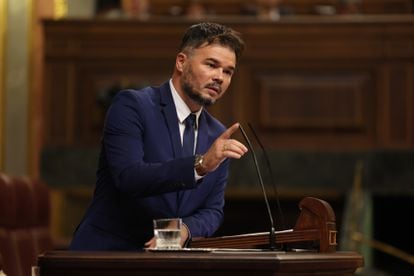 El portavoz de ERC en el Congreso, Gabriel Rufián, ha utilizado su turno de réplica para responder al candidato popular a la presidencia del Gobierno, Alberto Núñez Feijóo.