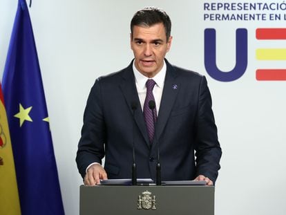 Pedro Sánchez, durante una rueda de prensa en Bruselas tras participar en una reunión del Consejo Europeo.