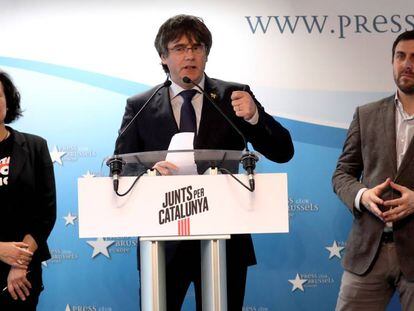 Carles Puigdemont, en la presentación de la candidatura de Junts per Catalunya, en Bruselas el pasado abril. 