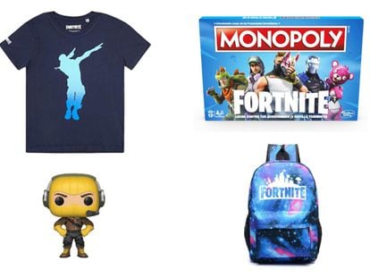 De izquierda a derecha, de arriba abajo: camiseta oficial de 'Fortnite', juego de Monopoly adaptado, muñeco Funko y mochila con el emblema del videojuego.
