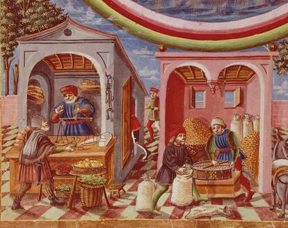 Miniatura italiana del siglo XV de una tienda de grano y frutas.