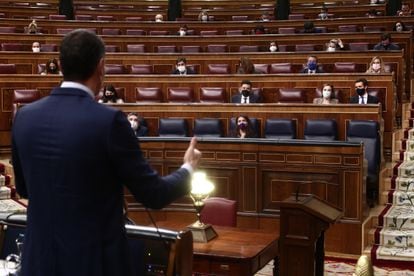 El presidente del Gobierno, Pedro Sánchez, interviene durante la sesión de Control al Gobierno en el Congreso de los Diputados del 24 de febrero.